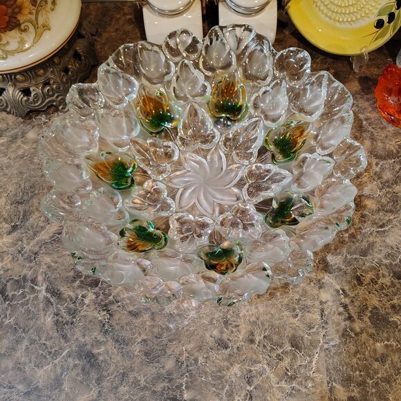 Studio Nova frosted art glass bowl with a green and amber leaf motif - Picture 1 of 8